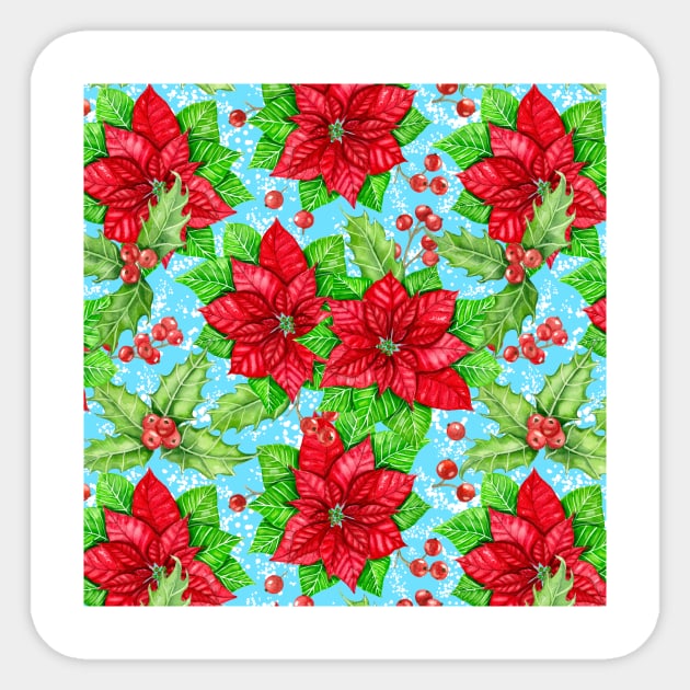 Poinsettia and holly berry watercolor Christmas pattern Sticker by katerinamk